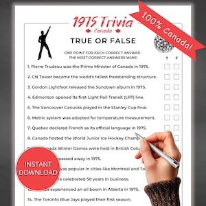 1975 Trivia Game for Canada, Born in 1975, 50 Year Reunion Game, 50th Birthday Game, Back in 1975, Class of 1975, 50th Anniversary