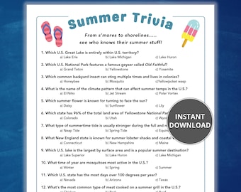 Summer Trivia Game, Summertime Trivia Questions, 4th of July Game, Summer Solstice Game, Office Party, Pool activity, Icebreaker Game