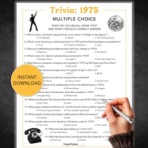 1975 Trivia Game, Born in 1975, 50 Year Reunion Game, 50th Birthday Game, Back in 1975, Class of 1975, 50th Anniversary Game, 1970s Trivia