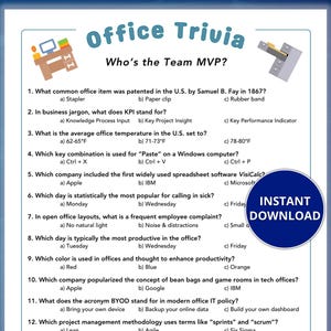 Juego de trivia de oficina: juego imprimible de trabajo en equipo para reuniones de personal y fiestas de oficina. Juego para romper el hielo para nuevos empleados y fiestas de oficina.