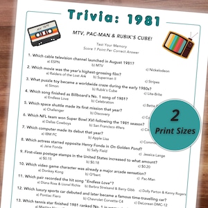 Könnte beinhalten: Ein weißes Trivia-Spielblatt mit dem Titel Trivia: 1981, das Fragen zu MTV, Pac-Man und dem Zauberwürfel enthält. Die Seite zeigt Illustrationen einer Kassette und eines alten Fernsehers sowie ein türkisfarbenes rundes Abzeichen mit 2 Print Sizes.