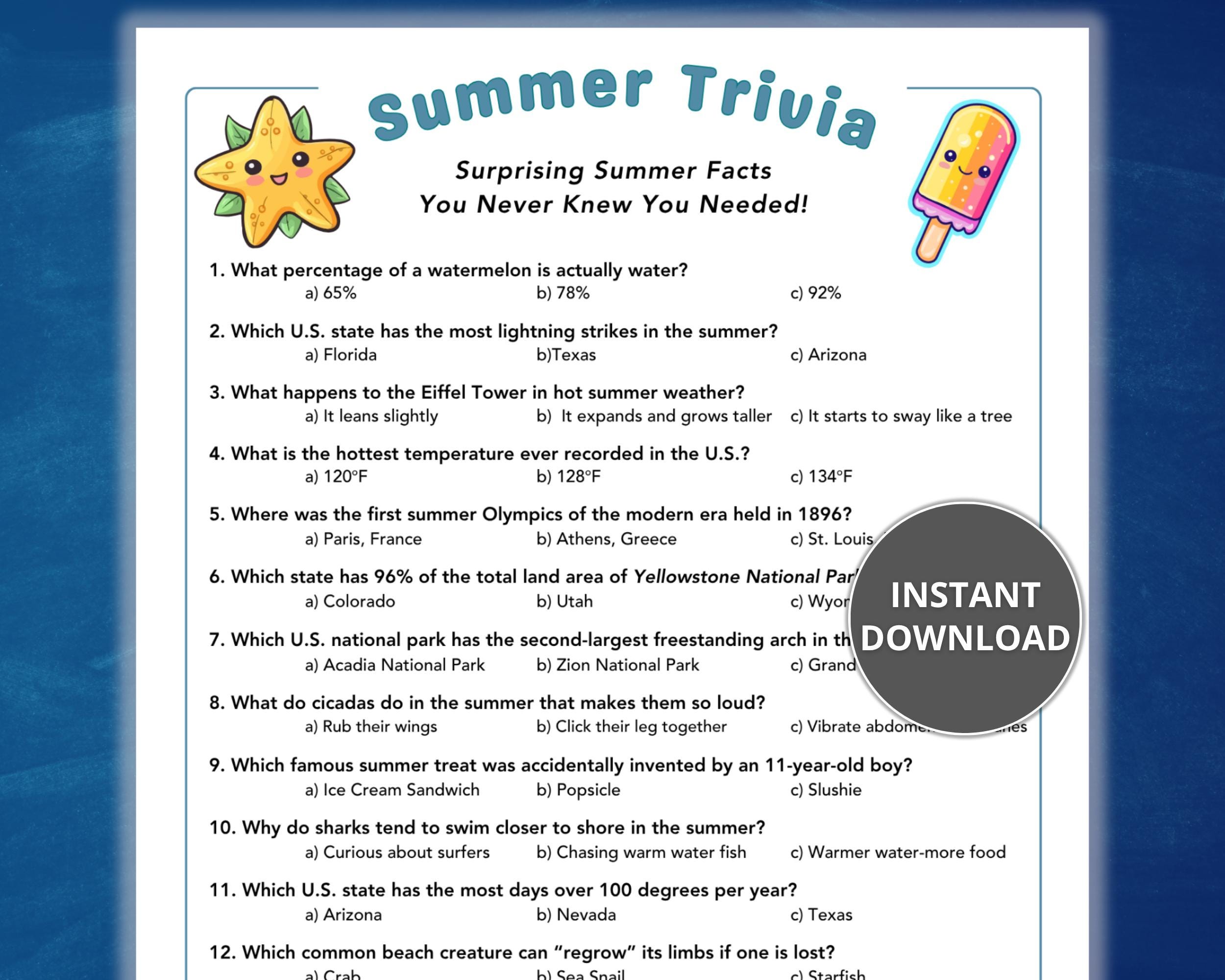 Summer Trivia Game, Questions for Kids, 4th of July Game, Summer Activity, Pool Party Activity, Road Trip Game, Summertime Trivia Questions