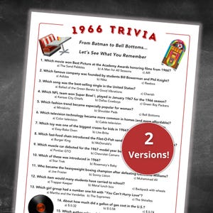 May include: A printed trivia game sheet titled "1966 Trivia" with questions about pop culture from 1966. The sheet has a red circle with the text "2 Versions!" and images of a diner booth and a jukebox.