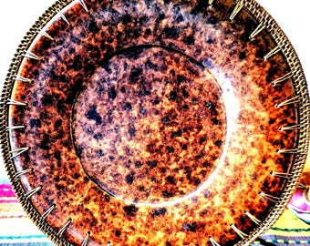 Vintage Terra Cotta Platter – Handwoven Rattan Edge, Pier 1 Tamerind Collection (14" Diameter)