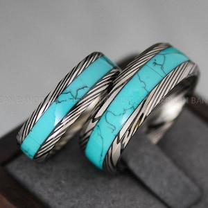 Damascus Steel Rings, Damascus Steel Wedding Bands, Black Turquoise Rings, Turquoise Wedding Ring, Turquoise Wedding Band, Turquoise Jewelry