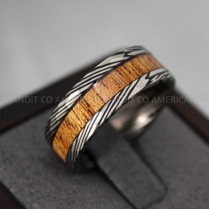 Damascus Steel Ring, Damascus Steel Wedding Band, Damascus Steel Band, Black Wood Ring, Wood Wedding Ring, Wood Wedding Band, Wood Jewelry