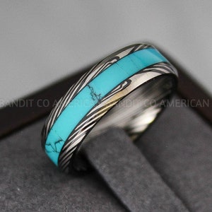 Damascus Steel Ring, Damascus Steel Wedding Band, Black Turquoise Ring, Turquoise Wedding Ring, Turquoise Wedding Band, Turquoise Jewelry