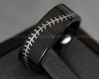 Baseball Ring, Baseball Wedding Ring, Baseball Wedding Band, Black Ring, Black Wedding Band, Black Baseball Wedding Band, Baseball Jewelry
