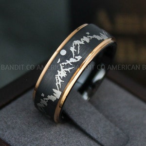 Forest Ring, Mountain Range Ring, Boreal Forest Ring, 8mm Black Tungsten Ring Fir Trees Ring, Outdoors Landscape Ring, Tungsten Wedding Ring