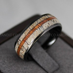 Anello corno di cervo, fede nuziale corno di cervo, anello da caccia al cervo, anello da caccia al cervo, fede nuziale corno di cervo, fede nuziale nera, la sua fede nuziale