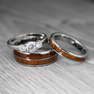 Wood Rings, Wood Wedding Bands, Wood Wedding Rings, 3 Piece Couple Set Tungsten Bands with Wood Inlay, Couple Rings, Matching Wood Rings