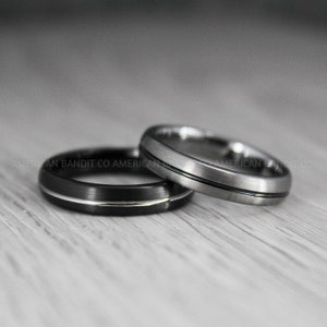 Silver Wedding Ring, Black Wedding Band, Black Wedding Ring, Silver Wedding Band, 4mm Silver Wedding Band, Black Tungsten Ring with Groove