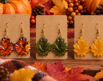 Fall Maple Leaf Earrings – Handmade Resin Autumn Earrings, Amber Green & Golden Yellow Dangle Jewelry | 8fingerART