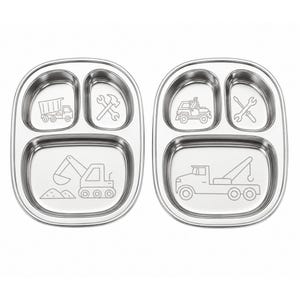 May include: Two stainless steel divided plates. Each plate has three compartments and features etched illustrations of construction vehicles and tools. One plate shows a dump truck, excavator, and wrench. The other shows a jeep, tow truck, and wrench.