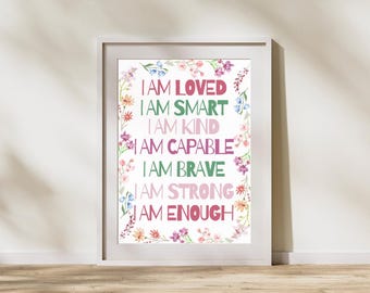 Affirmaties kunst aan de muur, afdrukbare meisjes muur decor, poster positieve affirmatie voor meisjeskamer, meisjes slaapkamer print, digitale download