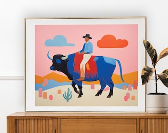 Giclee Print of a Cowboy Riding a Bull in the Mexican Desert