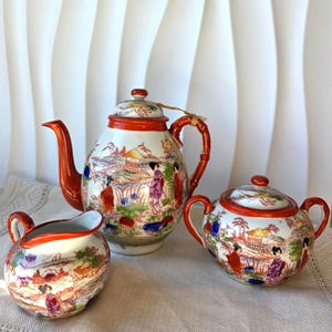 Vintage Kutani Geisha Tea Set: Hand-Painted Japanese Porcelain