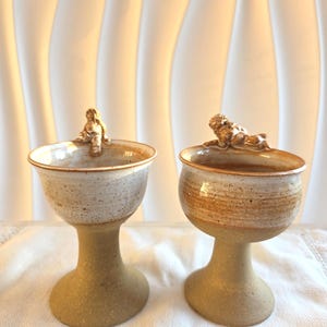 Vintage Studio Pottery Troll Goblets Set Signed Scandinavian Ceramic Cups Pair Folk Art