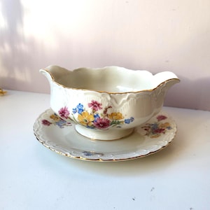 Vintage porslinssåsskål TK Thun tjeckisk blommig guldkant såsskål med tallrik