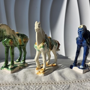 Vintage Tang Style Ceramic Horses – Colorful Glazed Figurines – Asian Inspired Decor – 3 Horse Set