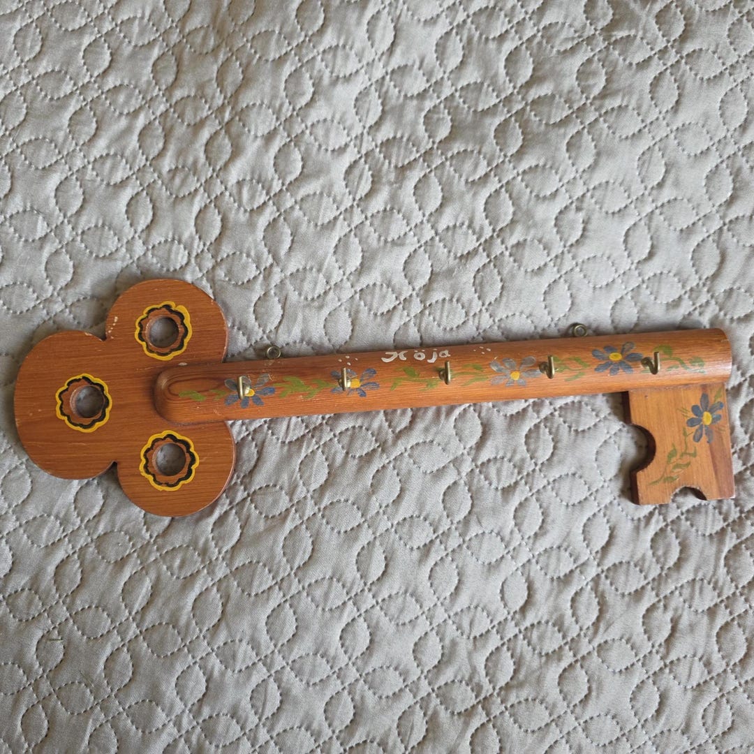 Vintage Swedish Wooden Key Holder Folk Art Wall Key Rack With 5 Hooks ...