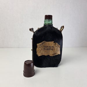 Vintage San Marino Souvenir Flask, Fur Leather Glass Bottle, 1970s Travel Collectible