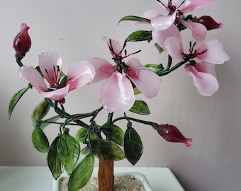 Vintage Chinese Large Jade Glass Bonsai Tree Blossoms In Celadon Pot