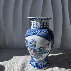 Vintage Asian Style Blue and White Porcelain Vase with Birds and Peonies, Hand Painted Decorative Jar