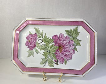 Piatto/vassoio vintage dipinto a mano con peonie, decorazione floreale da parete, rosa e oro, 1987
