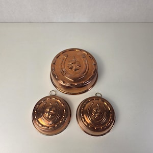 Op de afbeelding: Drie ronde koperen vormen met een metallic afwerking. Elke vorm heeft een verhoogd reliëf van een hoefijzer rondom een klavertjevier. De twee kleinere vormen zijn voorzien van een klein metalen lusje aan de bovenrand om op te hangen.