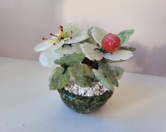 Vintage Jade Bonsai Tree | Semi-Precious Stone Flowers | Mid Century Modern Asian Decor | Feng Shui Prosperity Gift