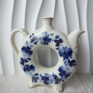 Rare Vintage Gzhel porcelain ring teapot with cobalt blue and gold floral design, Russian collectible ceramic pitcher