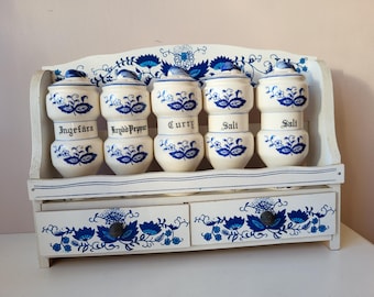 Vintage ARNART Blue Onion Spice Rack with 6 Porcelain Jars - Made in Japan