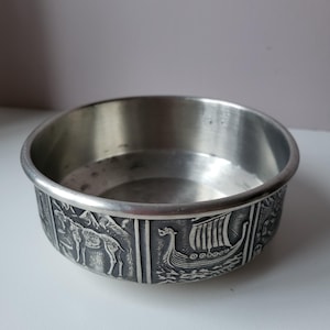 Vintage Tinn Norway Pewter Bowl – Viking Ship & Stave Church Design, Scandinavian Decor