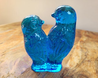 Bergdala Blue Glass Lovebirds Parrots Sweden MCM Stylized Bird Figurine vintage