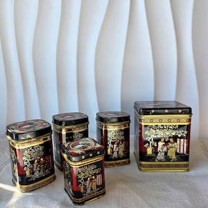 Vintage Asian Tea Tins: Black & Gold Oriental Canisters - Set of 5