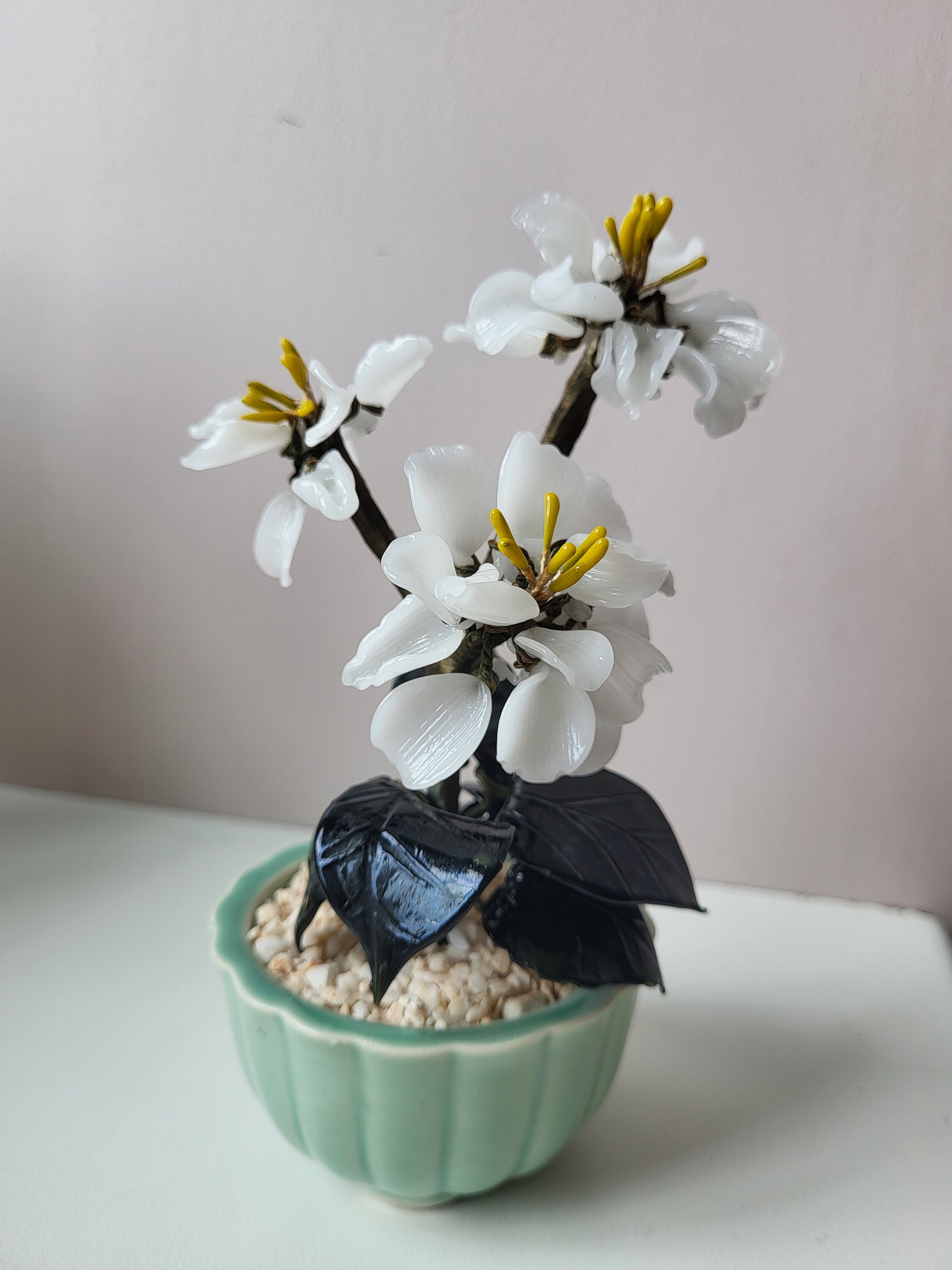 Vintage Chinese Small Jade Glass Bonsai Tree Blossoms In Celadon Pot