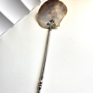 Op de afbeelding: Een decoratieve serveerlepel met een schelpvormige kom van parelmoer en een zilverkleurig metalen handvat. De handgreep heeft een gedetailleerd ontwerp bij de basis. De schelp is lichtbruin van kleur.