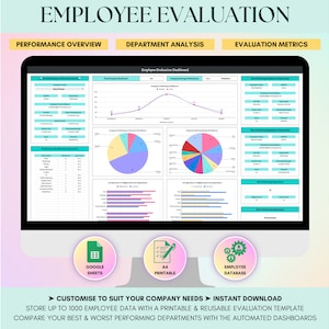Suivi de l&#39;évaluation des performances des employés sur feuille Google, formulaire d&#39;évaluation modifiable, outil numérique de gestion des ressources humaines, tableau de bord RH, base de données du personnel