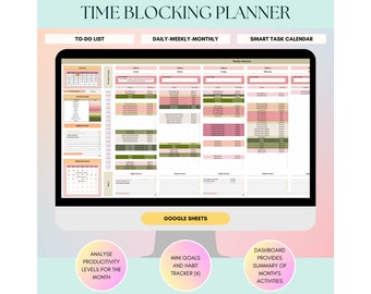 Wekelijkse Google Spreadsheets Digitale Planner, Takenlijst, Tijdblokkeringssjabloon, Alles-in-één organisatie, Dagelijks taakbeheer, 24-uursschema