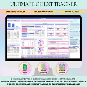 Ultimate Client Tracker Google Sheets : feuille de calcul pour petites entreprises, gestion de projet, suivi des factures, tableau de bord CRM, liste de contrôle d&#39;intégration