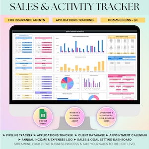 Insurance Agent Sales & Activity Tracker on Google Sheets: Goal Setting, Commission Tracking, Leads Management, Client Database, Application