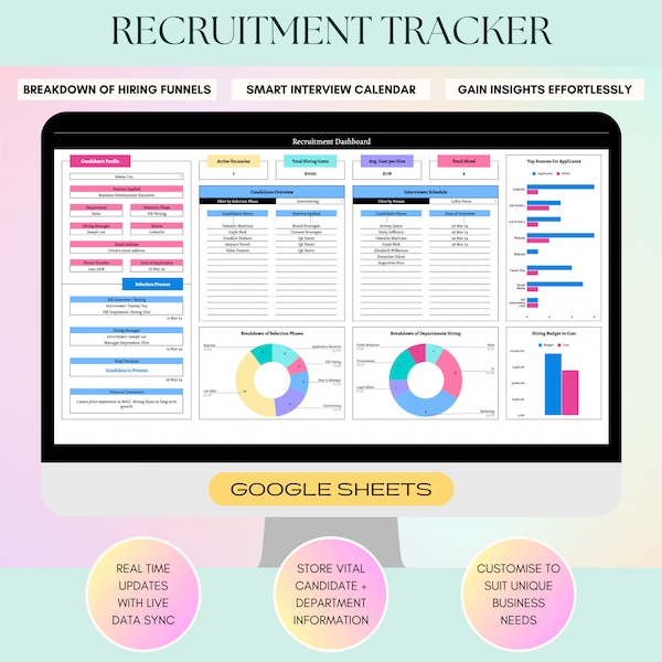 Modello di monitoraggio del reclutamento, dashboard delle assunzioni, sistema di monitoraggio dei candidati, gestore del database dei dipendenti, soluzioni HR, fogli Google per i reclutatori