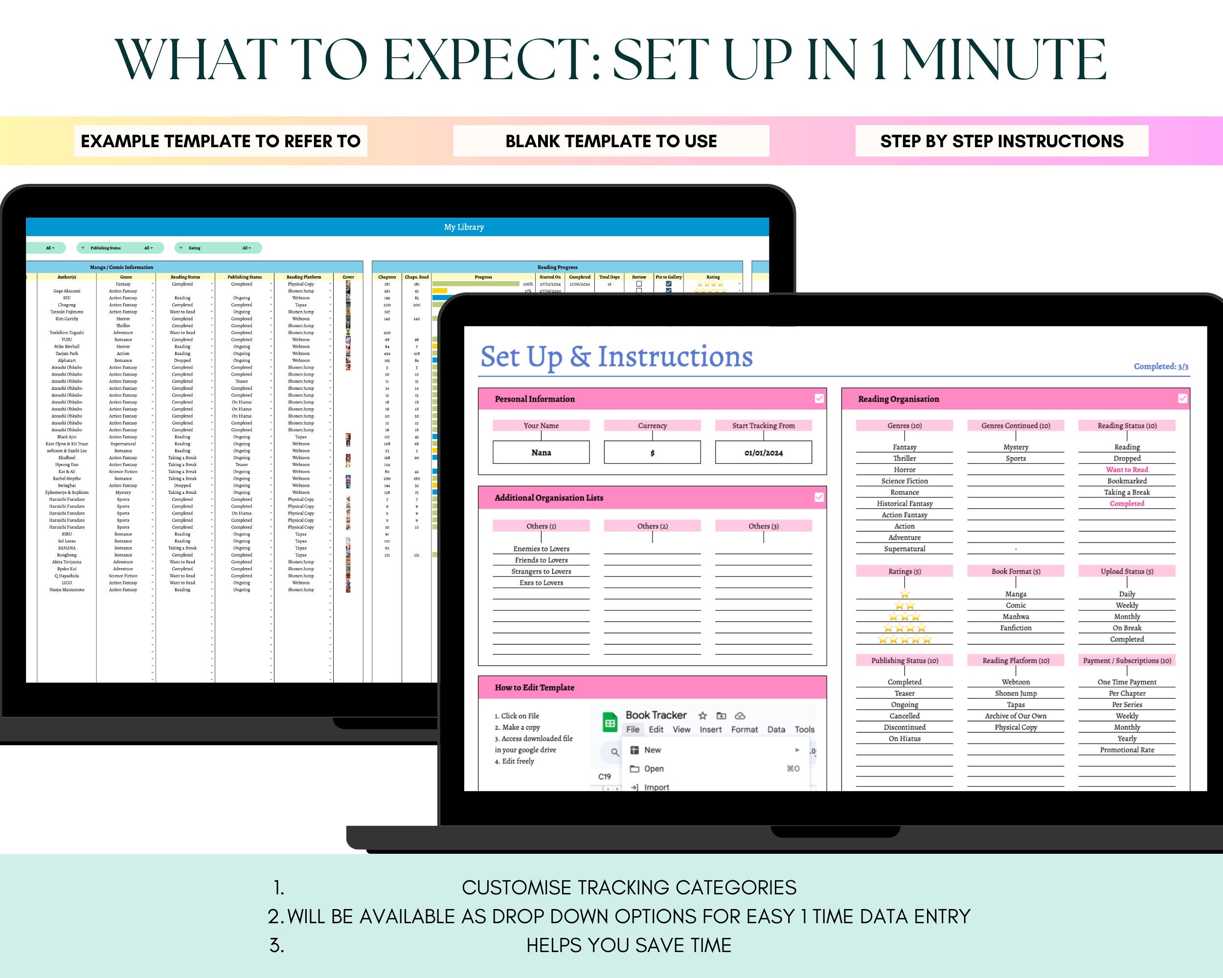 Digital Reading Journal Spreadsheet, Books Tracker, Comics, Manga ...