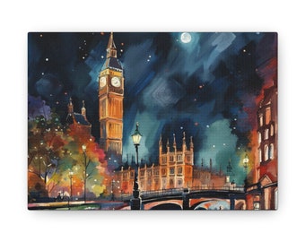 May include: Canvas art print of a watercolor painting depicting the London skyline at night. The artwork features the illuminated Big Ben clock tower, a bridge, and buildings under a starry sky with a full moon.