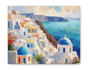 May include: A painting of a white-washed village with blue-domed churches on a cliff overlooking a turquoise sea. The sky is a pale blue with fluffy white clouds.