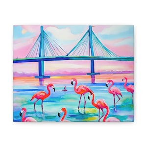 Florida Flamingo Wall Art – Watercolor Canvas of Skyway Bridge with Bright Tropical Colors – Coastal Flamingo Decor, Beach House, Canvas