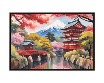 Mount Fuji Framed Canvas Print, Japan Watercolor Wall Art, Japanese Home Decor, Mt Fuji Travel Gift, Horizontal Framed Gallery Canvas