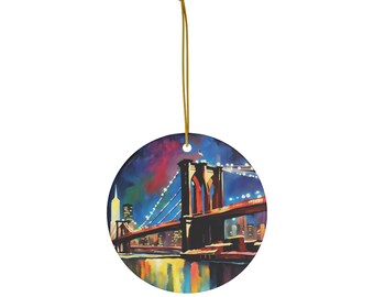 Ornament Brooklyn Bridge, New York City Night aquarel keramische kerstornament, NYC-reiscadeau, New York Souvenir (aangepast)