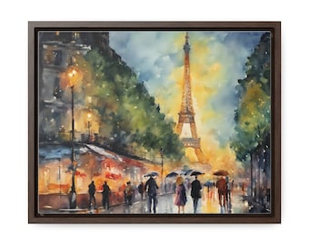 Könnte beinhalten: Ein Aquarellgemälde des Eiffelturms in Paris, Frankreich. Der Turm ist nachts beleuchtet und es sind Menschen auf der Straße unten zu sehen. Das Gemälde ist in einem dunklen Holzrahmen gerahmt.